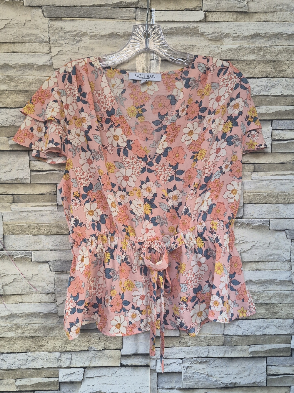 Sweet Rain Blouse Peplum L Pink Floral Flutter Sleeve Boho Summer